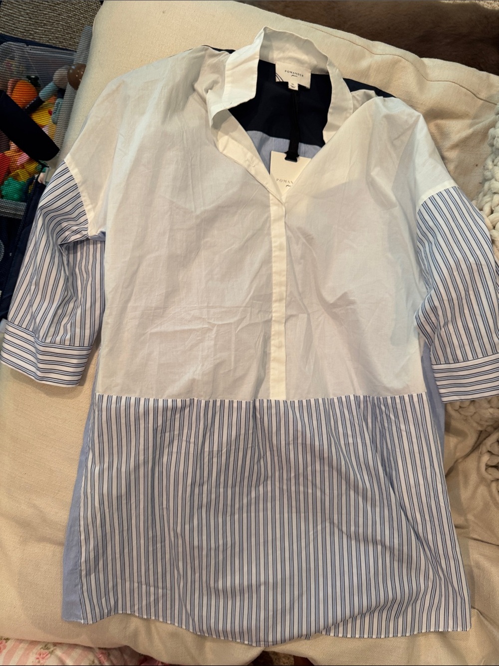 Pomander Place White and Light Blue Striped Button-Front Tunic
